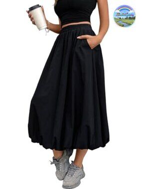 Bubble Skirt Elastic Waist Puffy Hem A-Line Long Skirt with Pockets